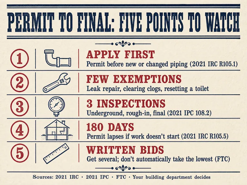 Letterpress chart titled Permit to Final: Five Points to Watch: 1 Apply first, permit before new or changed piping (2021 IRC R105.1); 2 Few exemptions, leak repair, clearing clogs, resetting a toilet; 3 3 inspections, underground, rough-in, final (2021 IPC 108.2); 4 180 days, permit lapses if work doesn't start (2021 IRC R105.5); 5 Written bids, get several, don't automatically take the lowest (FTC). Source line: 2021 IRC, 2021 IPC, FTC, your building department decides
