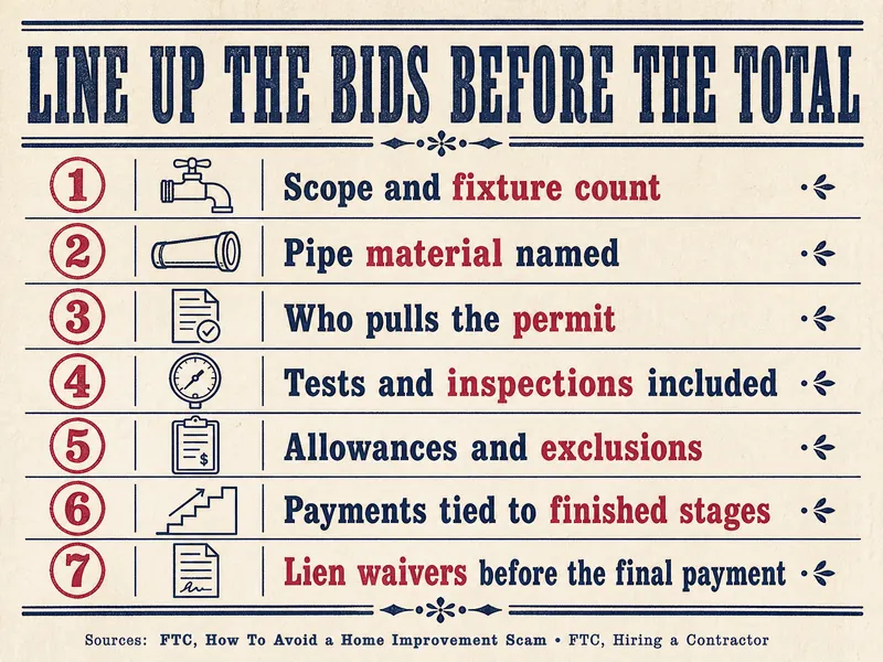 Letterpress checklist titled Line Up the Bids Before the Total, seven numbered rows: 1 scope and fixture count; 2 pipe material named; 3 who pulls the permit; 4 tests and inspections included; 5 allowances and exclusions; 6 payments tied to finished stages; 7 lien waivers before the final payment. Source line: FTC, How To Avoid a Home Improvement Scam; FTC, Hiring a Contractor