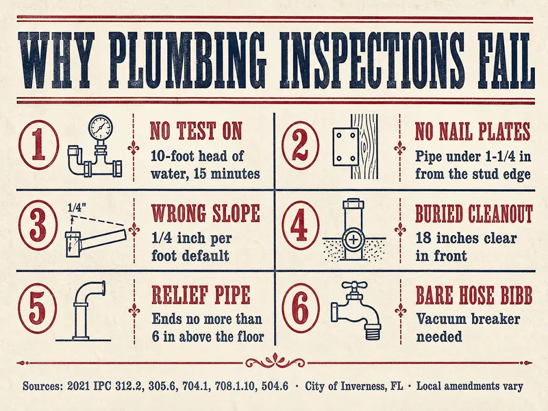 Letterpress chart titled Why Plumbing Inspections Fail, six numbered items: 1 No test on, 10-foot head of water, 15 minutes; 2 No nail plates, pipe under 1-1/4 in from the stud edge; 3 Wrong slope, 1/4 inch per foot default; 4 Buried cleanout, 18 inches clear in front; 5 Relief pipe, ends no more than 6 in above the floor; 6 Bare hose bibb, vacuum breaker needed. Source line: 2021 IPC 312.2, 305.6, 704.1, 708.1.10, 504.6; City of Inverness, FL; local amendments vary