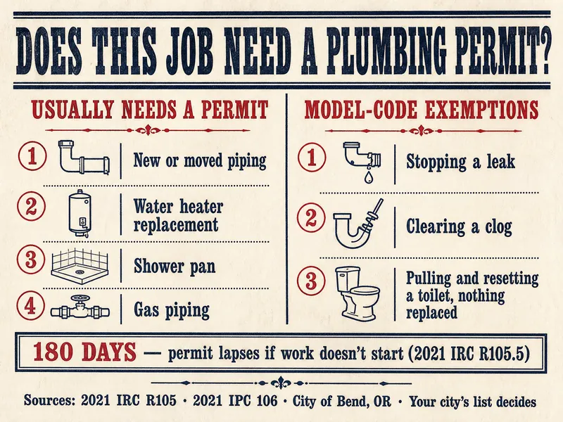Letterpress chart titled Does This Job Need a Plumbing Permit? Left column, usually needs a permit: 1 new or moved piping, 2 water heater replacement, 3 shower pan, 4 gas piping. Right column, model-code exemptions: 1 stopping a leak, 2 clearing a clog, 3 pulling and resetting a toilet, nothing replaced. Boxed line: 180 days, permit lapses if work doesn't start (2021 IRC R105.5). Source line: 2021 IRC R105, 2021 IPC 106, City of Bend, OR, your city's list decides