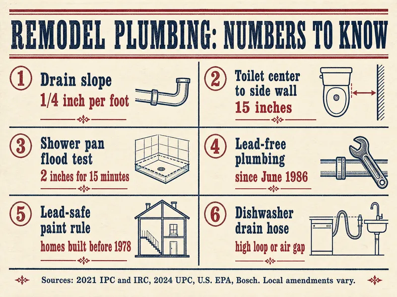 Remodel plumbing numbers to know, six numbered panels: 1 Drain slope, 1/4 inch per foot; 2 Toilet center to side wall, 15 inches; 3 Shower pan flood test, 2 inches for 15 minutes; 4 Lead-free plumbing, since June 1986; 5 Lead-safe paint rule, homes built before 1978; 6 Dishwasher drain hose, high loop or air gap. Sources: 2021 IPC and IRC, 2024 UPC, U.S. EPA, Bosch; local amendments vary.