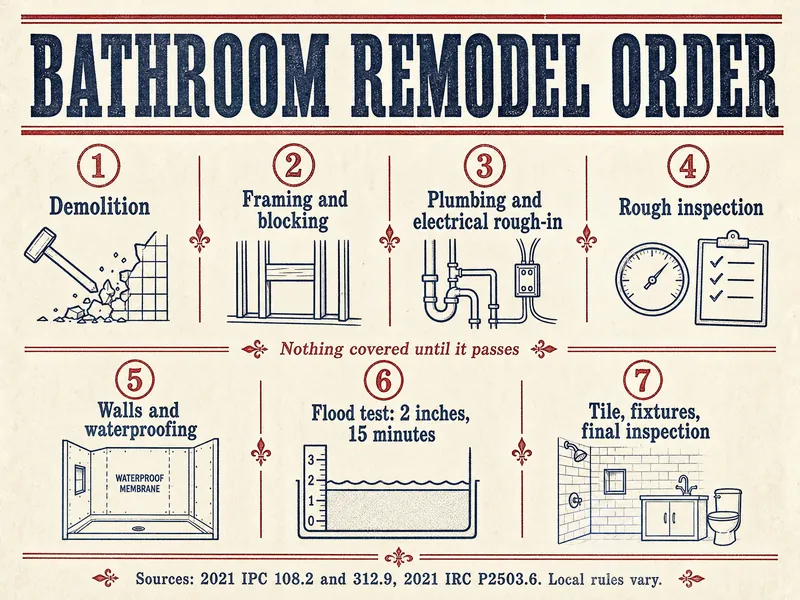 Bathroom remodel order in seven numbered stages: 1 Demolition; 2 Framing and blocking; 3 Plumbing and electrical rough-in; 4 Rough inspection; a note that nothing is covered until it passes; 5 Walls and waterproofing, with a panel marked waterproof membrane; 6 Flood test: 2 inches, 15 minutes; 7 Tile, fixtures, final inspection. Sources: 2021 IPC 108.2 and 312.9, 2021 IRC P2503.6; local rules vary.