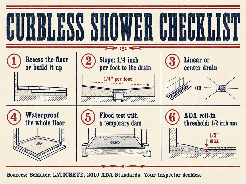 Curbless shower checklist in six numbered items: 1 Recess the floor or build it up; 2 Slope: 1/4 inch per foot to the drain; 3 Linear or center drain; 4 Waterproof the whole floor; 5 Flood test with a temporary dam; 6 ADA roll-in threshold: 1/2 inch max. Sources: Schluter, LATICRETE, 2010 ADA Standards; your inspector decides.