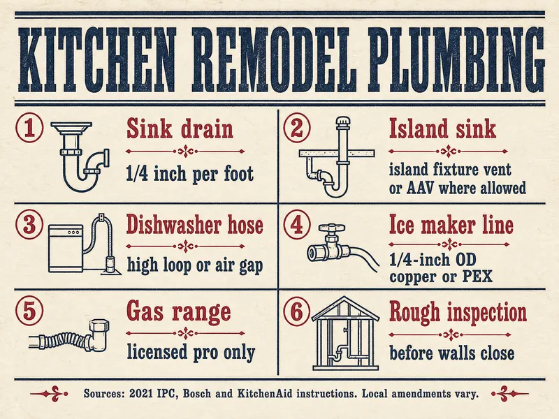 Kitchen remodel plumbing in six numbered panels: 1 Sink drain, 1/4 inch per foot; 2 Island sink, island fixture vent or AAV where allowed; 3 Dishwasher hose, high loop or air gap; 4 Ice maker line, 1/4-inch OD copper or PEX; 5 Gas range, licensed pro only; 6 Rough inspection, before walls close. Sources: 2021 IPC, Bosch and KitchenAid instructions; local amendments vary.