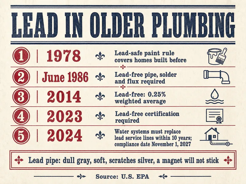 Lead in older plumbing timeline: 1 1978, lead-safe paint rule covers homes built before; 2 June 1986, lead-free pipe, solder and flux required; 3 2014, lead-free: 0.25% weighted average; 4 2023, lead-free certification required; 5 2024, water systems must replace lead service lines within 10 years; compliance date November 1, 2027. Box below: lead pipe is dull gray, soft, scratches silver, a magnet will not stick. Source: U.S. EPA.