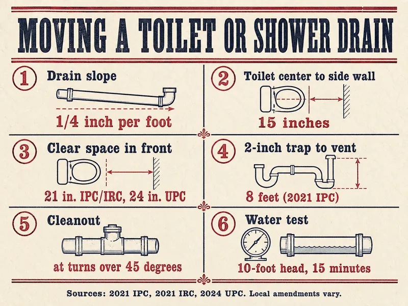 Moving a toilet or shower drain, six numbered panels: 1 Drain slope, 1/4 inch per foot; 2 Toilet center to side wall, 15 inches; 3 Clear space in front, 21 in. IPC/IRC, 24 in. UPC; 4 2-inch trap to vent, 8 feet (2021 IPC); 5 Cleanout, at turns over 45 degrees; 6 Water test, 10-foot head, 15 minutes. Sources: 2021 IPC, 2021 IRC, 2024 UPC; local amendments vary.