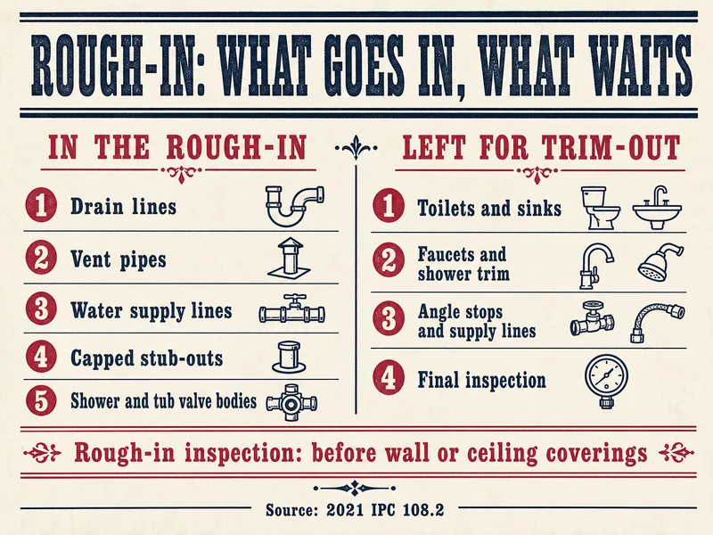 Letterpress chart titled Rough-in: what goes in, what waits. Left column, in the rough-in: drain lines, vent pipes, water supply lines, capped stub-outs, shower and tub valve bodies. Right column, left for trim-out: toilets and sinks, faucets and shower trim, angle stops and supply lines, final inspection. Banner: rough-in inspection before wall or ceiling coverings. Source: 2021 IPC 108.2.