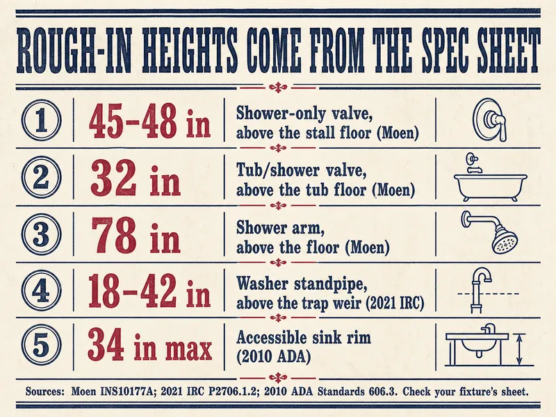 Letterpress-style chart titled Rough-In Heights Come From the Spec Sheet listing five heights: shower-only valve 45 to 48 inches above the stall floor (Moen); tub/shower valve 32 inches above the tub floor (Moen); shower arm 78 inches above the floor (Moen); washer standpipe 18 to 42 inches above the trap weir (2021 IRC); accessible sink rim 34 inches maximum (2010 ADA). Source line: Moen INS10177A, 2021 IRC P2706.1.2, 2010 ADA Standards 606.3; check your fixture's sheet.