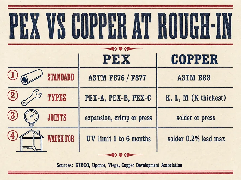 Letterpress chart titled PEX vs copper at rough-in, comparing four rows. Standard: PEX ASTM F876 / F877, copper ASTM B88. Types: PEX-A, PEX-B, PEX-C; copper K, L, M with K thickest. Joints: PEX expansion, crimp or press; copper solder or press. Watch for: PEX UV limit 1 to 6 months; copper solder 0.2% lead max. Sources: NIBCO, Uponor, Viega, Copper Development Association.