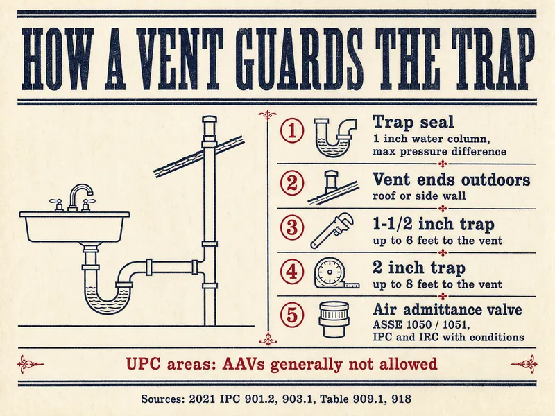 Letterpress chart titled How a vent guards the trap, with a line drawing of a sink trap and a vent pipe rising through a roof, and five numbered points: 1 trap seal, 1 inch water column max pressure difference; 2 vent ends outdoors, roof or side wall; 3 1-1/2 inch trap, up to 6 feet to the vent; 4 2 inch trap, up to 8 feet to the vent; 5 air admittance valve, ASSE 1050 / 1051, IPC and IRC with conditions. Banner: UPC areas, AAVs generally not allowed. Sources: 2021 IPC 901.2, 903.1, Table 909.1, 918.