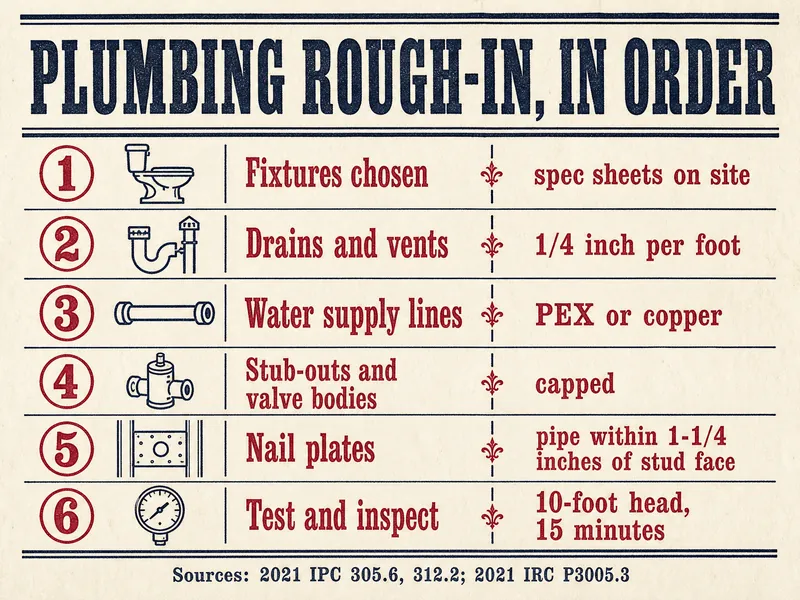 Letterpress chart titled Plumbing rough-in, in order, in six numbered stages: 1 fixtures chosen, spec sheets on site; 2 drains and vents, 1/4 inch per foot; 3 water supply lines, PEX or copper; 4 stub-outs and valve bodies, capped; 5 nail plates, pipe within 1-1/4 inches of stud face; 6 test and inspect, 10-foot head, 15 minutes. Sources: 2021 IPC 305.6, 312.2; 2021 IRC P3005.3.