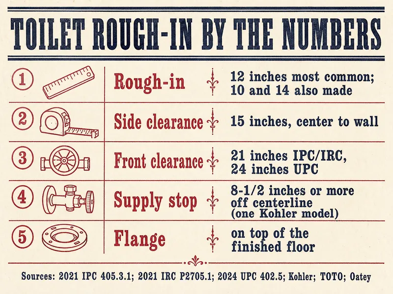 Letterpress chart titled Toilet rough-in by the numbers, five numbered rows: 1 rough-in, 12 inches most common, 10 and 14 also made; 2 side clearance, 15 inches center to wall; 3 front clearance, 21 inches IPC/IRC, 24 inches UPC; 4 supply stop, 8-1/2 inches or more off centerline on one Kohler model; 5 flange on top of the finished floor. Sources: 2021 IPC 405.3.1; 2021 IRC P2705.1; 2024 UPC 402.5; Kohler; TOTO; Oatey.