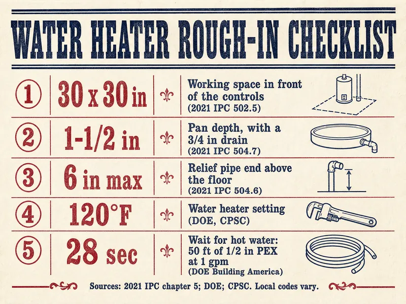 Letterpress-style checklist titled Water Heater Rough-In Checklist with five numbered items: 30 by 30 inch working space in front of the controls (2021 IPC 502.5); pan 1-1/2 inches deep with a 3/4 inch drain (2021 IPC 504.7); relief pipe ends 6 inches or less above the floor (2021 IPC 504.6); 120°F setting (DOE, CPSC); 28 seconds of waiting for 50 feet of 1/2 inch PEX at 1 gpm (DOE Building America). Source line: 2021 IPC chapter 5; DOE; CPSC; local codes vary.