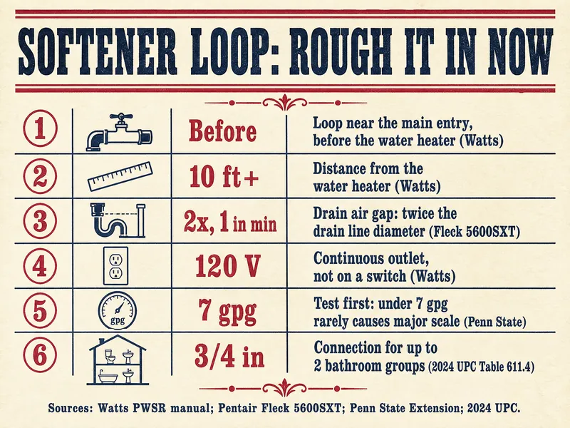 Letterpress-style checklist titled Softener Loop: Rough It In Now with six numbered items: loop near the main entry, before the water heater (Watts); 10 feet or more from the water heater (Watts); drain air gap twice the drain line diameter, 1 inch minimum (Fleck 5600SXT); continuous 120 volt outlet, not on a switch (Watts); test first, under 7 gpg rarely causes major scale (Penn State); 3/4 inch connection for up to 2 bathroom groups (2024 UPC Table 611.4). Source line: Watts PWSR manual, Pentair Fleck 5600SXT, Penn State Extension, 2024 UPC.