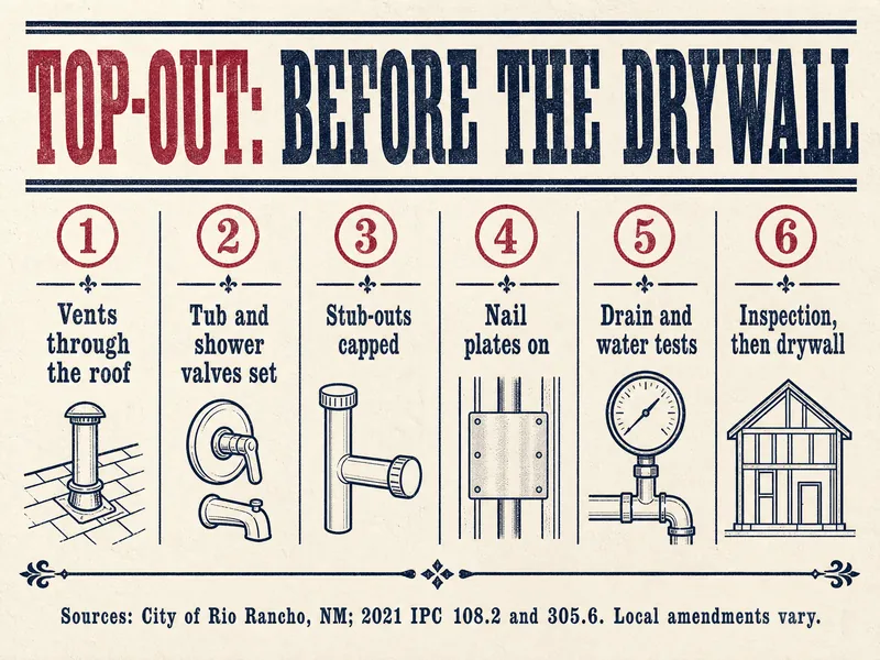 Letterpress chart titled Top-Out: Before the Drywall, showing six numbered stages: vents through the roof; tub and shower valves set; stub-outs capped; nail plates on; drain and water tests; inspection, then drywall. Sources: City of Rio Rancho, NM; 2021 IPC 108.2 and 305.6; local amendments vary.
