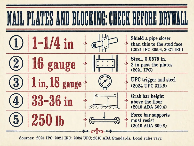 Letterpress-style chart titled Nail Plates and Blocking: Check Before Drywall with five numbered items: plate where pipe is less than 1-1/4 inches from the stud edge (2021 IPC 305.6, 2021 IRC); 16 gauge steel, 0.0575 inch, 2 inches past the plates (2021 IPC); within 1 inch, 18 gauge steel (2024 UPC 312.9); grab bars 33 to 36 inches above the floor (2010 ADA 609.4); bar supports sized for 250 pounds (2010 ADA 609.8). Source line: 2021 IPC, 2021 IRC, 2024 UPC, 2010 ADA Standards; local rules vary.