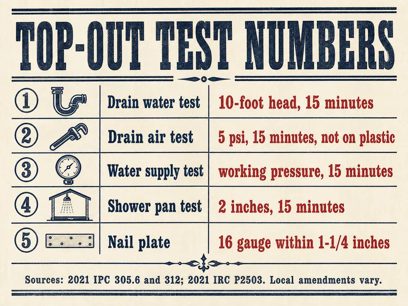 Letterpress chart titled Top-Out Test Numbers, listing five items: drain water test, 10-foot head, 15 minutes; drain air test, 5 psi, 15 minutes, not on plastic; water supply test, working pressure, 15 minutes; shower pan test, 2 inches, 15 minutes; nail plate, 16 gauge within 1-1/4 inches. Sources: 2021 IPC 305.6 and 312; 2021 IRC P2503; local amendments vary.