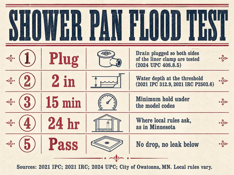Letterpress-style sequence titled Shower Pan Flood Test with five circled steps: 1 Plug, drain plugged so both sides of the liner clamp are tested (2024 UPC 408.8.5); 2 2 inches, water depth at the threshold (2021 IPC 312.9, 2021 IRC P2503.6); 3 15 minutes, minimum hold under the model codes; 4 24 hours, where local rules ask, as in Minnesota; 5 Pass, no drop and no leak below. Source line: 2021 IPC, 2021 IRC, 2024 UPC, Owatonna MN; local rules vary.