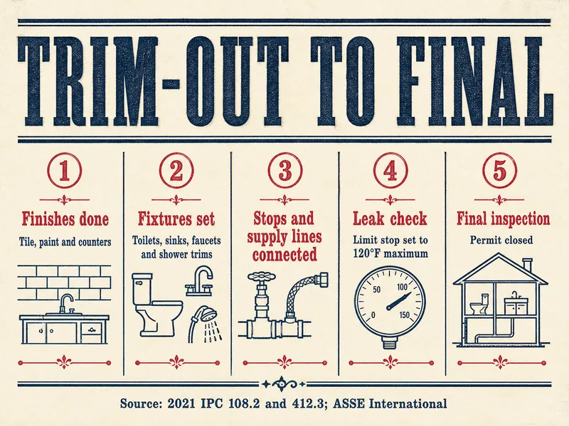 Letterpress-style chart titled Trim-out to final, with five numbered steps: 1 finishes done, tile, paint and counters; 2 fixtures set, toilets, sinks, faucets and shower trims; 3 stops and supply lines connected; 4 leak check, limit stop set to 120°F maximum; 5 final inspection, permit closed. Source line: 2021 IPC 108.2 and 412.3; ASSE International.
