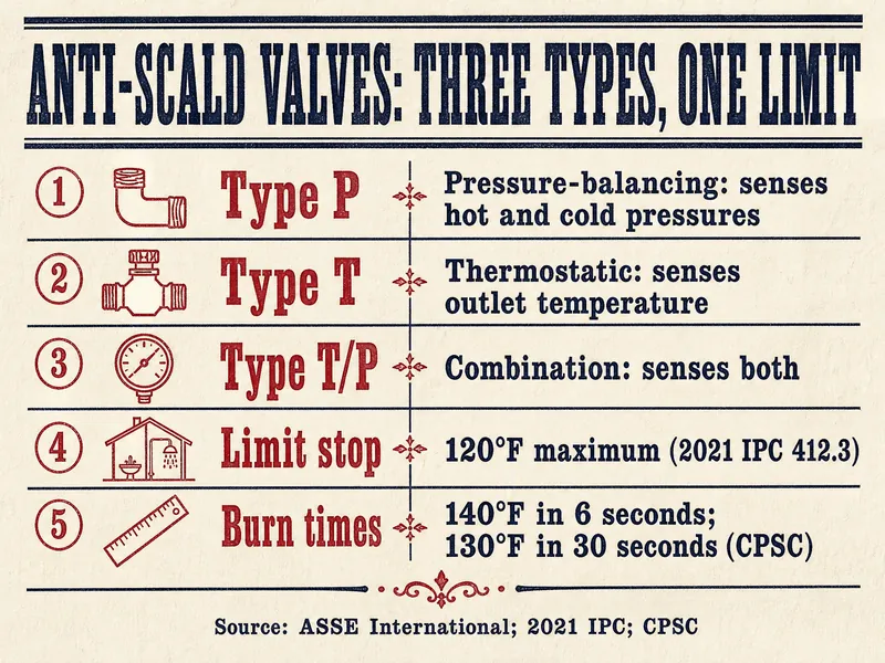 Letterpress-style chart titled Anti-scald valves: three types, one limit. Rows: Type P pressure-balancing, senses hot and cold pressures; Type T thermostatic, senses outlet temperature; Type T/P combination, senses both; limit stop, 120°F maximum (2021 IPC 412.3); burn times, 140°F in 6 seconds, 130°F in 30 seconds (CPSC). Source line: ASSE International; 2021 IPC; CPSC.