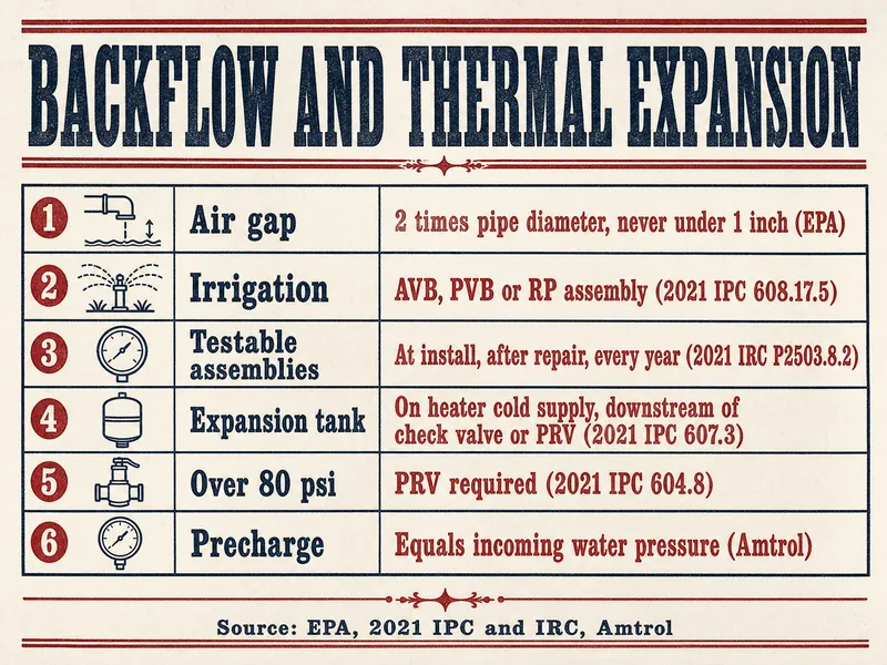 Letterpress-style chart titled Backflow and thermal expansion, with six ruled items: air gap, 2 times pipe diameter, never under 1 inch (EPA); irrigation, AVB, PVB or RP assembly (2021 IPC 608.17.5); testable assemblies, at install, after repair, every year (2021 IRC P2503.8.2); expansion tank, on heater cold supply, downstream of check valve or PRV (2021 IPC 607.3); over 80 psi, PRV required (2021 IPC 604.8); precharge equals incoming water pressure (Amtrol). Source line: EPA, 2021 IPC and IRC, Amtrol.