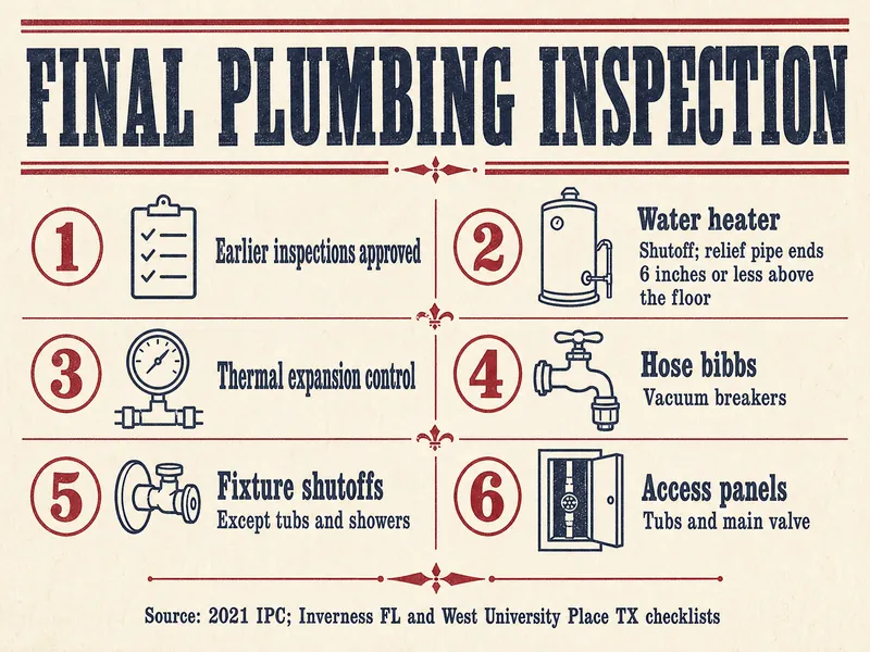 Letterpress-style checklist titled Final plumbing inspection, with six circled numbers: 1 earlier inspections approved; 2 water heater, shutoff and relief pipe ending 6 inches or less above the floor; 3 thermal expansion control; 4 hose bibbs, vacuum breakers; 5 fixture shutoffs, except tubs and showers; 6 access panels, tubs and main valve. Source line: 2021 IPC; Inverness FL and West University Place TX checklists.