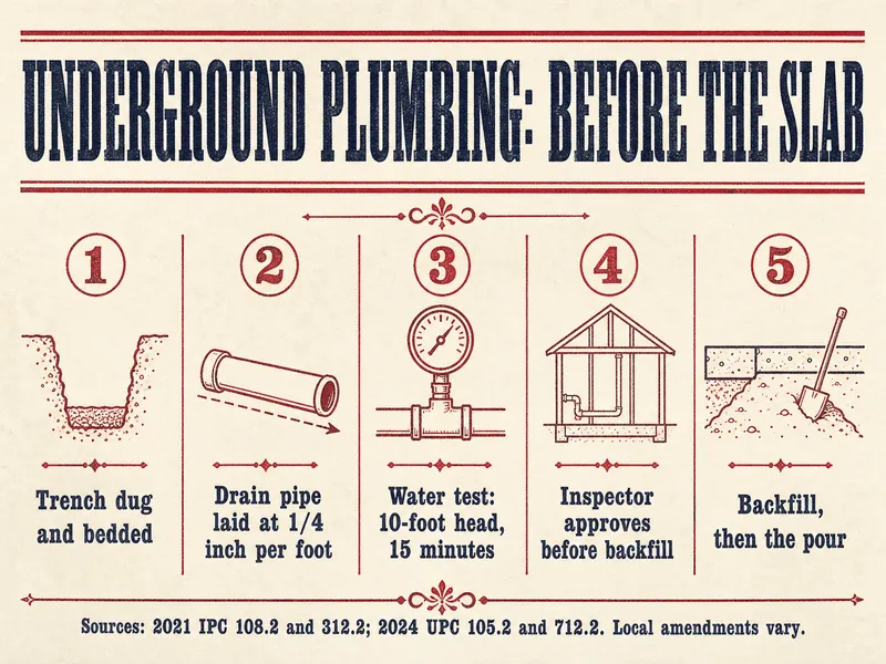 Letterpress chart titled Underground Plumbing: Before the Slab, showing five numbered stages: trench dug and bedded; drain pipe laid at 1/4 inch per foot; water test, 10-foot head, 15 minutes; inspector approves before backfill; backfill, then the pour. Sources: 2021 IPC 108.2 and 312.2; 2024 UPC 105.2 and 712.2; local amendments vary.