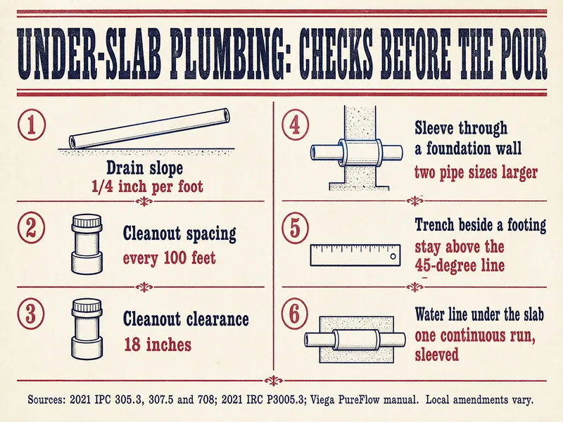 Letterpress chart titled Under-Slab Plumbing: Checks Before the Pour, with six items: drain slope, 1/4 inch per foot; cleanout spacing, every 100 feet; cleanout clearance, 18 inches; sleeve through a foundation wall, two pipe sizes larger; trench beside a footing, stay above the 45-degree line; water line under the slab, one continuous run, sleeved. Sources: 2021 IPC 305.3, 307.5 and 708; 2021 IRC P3005.3; Viega PureFlow manual; local amendments vary.
