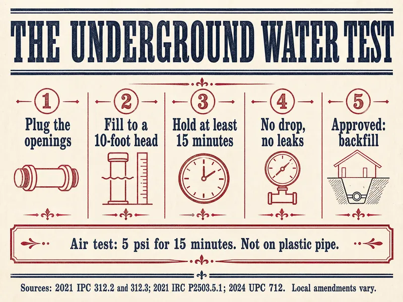Letterpress chart titled The Underground Water Test, showing five numbered steps: plug the openings; fill to a 10-foot head; hold at least 15 minutes; no drop, no leaks; approved: backfill. A side note reads: air test, 5 psi for 15 minutes, not on plastic pipe. Sources: 2021 IPC 312.2 and 312.3; 2021 IRC P2503.5.1; 2024 UPC 712; local amendments vary.