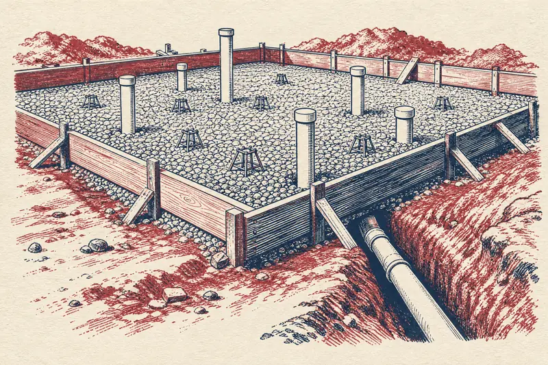 Foundation forms filled with gravel before the pour, capped white drain stub-ups standing in it and a drain line in a trench leading out under the form